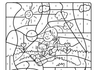 Dibujo mágico de un niño y gatito: dibujo para colorear e imprimir