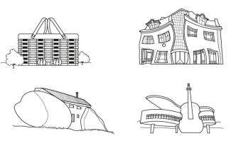 Edificios divertidos: dibujo para colorear e imprimir