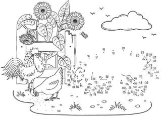 Dibujo de unir puntos de gallinas y cerdo: dibujo para colorear e imprimir