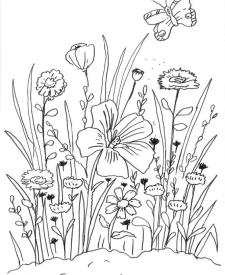 Flores y mariposa: dibujo para colorear e imprimir