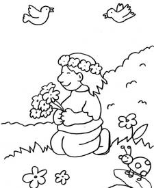 Niña con ramo y corona de flores: dibujo para colorear e imprimir
