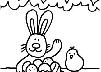Dibujo para colorear de un conejo y un pollito en Pascua