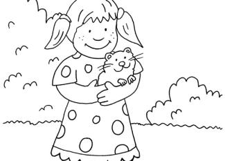 Dibujo para colorear de una niña con un conejo de india en los brazos