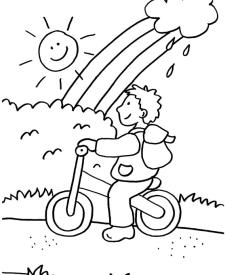 Niño montando en bici bajo el arco iris: dibujo para colorear e imprimir