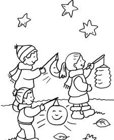 Niños con linterna bajo las estrellas: dibujo para colorear e imprimir