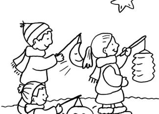 Dibujo para colorear de niños con linternas bajo las estrellas