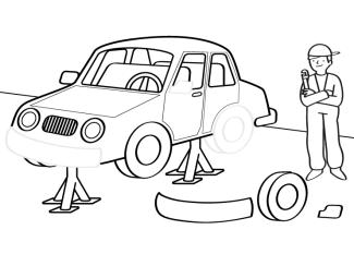 Dibujo para colorear de un mecánico reparando un coche