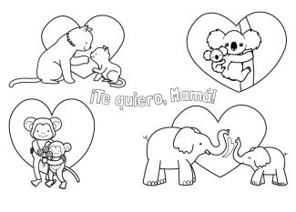 Dibujo para colorear del dia de la madre mamás de animales