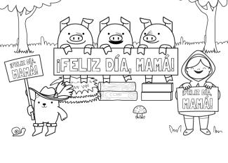 Dibujo para colorear para el dia de la madre de felicitación de personajes de cuentos