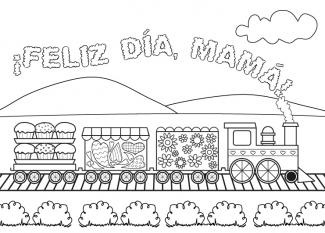 Dibujo para colorear del dia de la madre de felicitación con tren