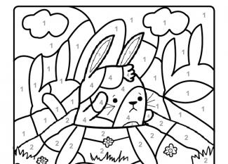 Dibujo mágico para colorear en inglés de un conejo en el campo