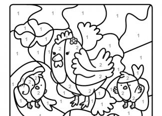 Dibujo mágico para colorear en inglés de una gallina con sus polluelos
