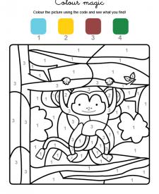 Colour by numbers: un mono colgado de un árbol