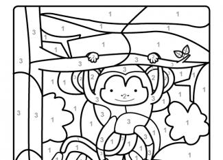 Dibujo mágico para colorear en inglés de un mono colgado de un árbol