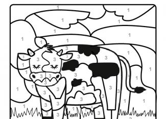 Dibujo mágico para colorear en inglés de una vaca lechera en el campo