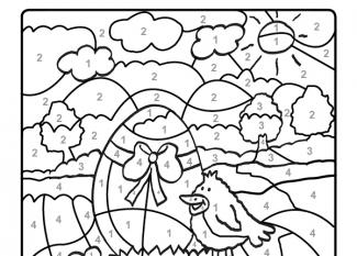 Dibujo mágico para colorear en inglés de un polluelo y huevo de Pascua
