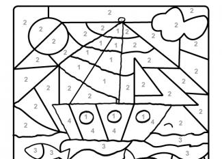 Dibujo mágico para colorear en inglés de un velero en el mar