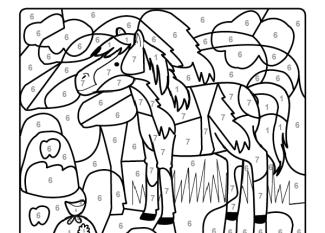 Dibujo mágico para colorear en inglés de un caballo en el campo