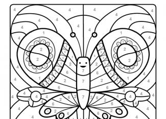 Dibujo mágico para colorear en inglés de una mariposa de colores