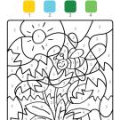 Coloriage magique en français: una abeja y flores