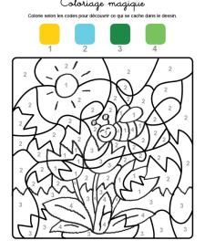 Coloriage magique en français: una abeja y flores