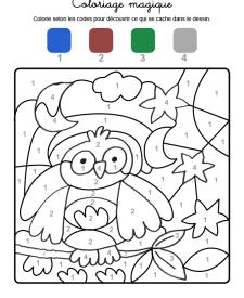 Coloriage magique en français: un búho bajo la luna