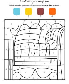 Coloriage magique en français: una cama con colcha y almohada