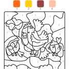 Coloriage magique en français: una gallina con sus polluelos