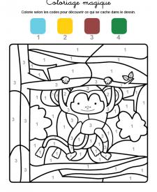 Coloriage magique en français: un mono colgado de un árbol
