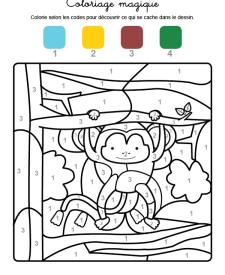 Coloriage magique en français: un mono colgado de un árbol