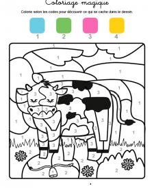 Coloriage magique en français: una vaca lechera en el campo