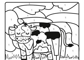 Dibujo mágico para colorear en francés de una vaca lechera en el campo