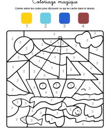 Coloriage magique en français: un velero en el mar