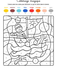 Coloriage magique en français: un marinero en su barco