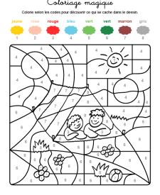 Coloriage magique en français: niños en una tienda de campaña