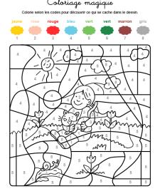 Coloriage magique en français: niña con un gatito en brazos