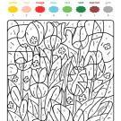 Coloriage magique en français: tulipanes en el campo