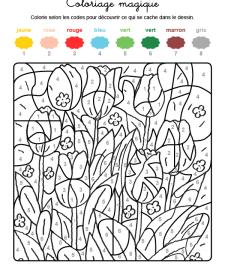 Coloriage magique en français: tulipanes en el campo