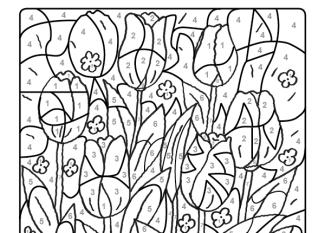 Dibujo mágico para colorear en francés de tulipanes en el campo