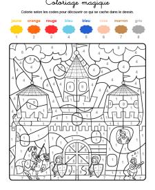 Coloriage magique en français: soldados protegiendo una fortaleza