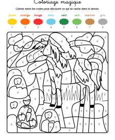 Coloriage magique en français: un caballo en el campo