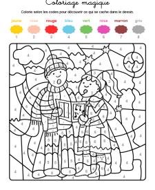 Coloriage magique en français: niños cantando en Navidad