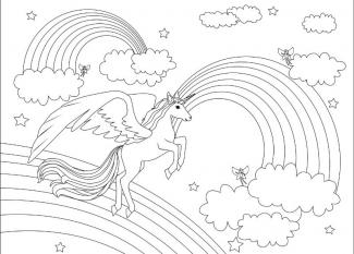 Dibujo de un unicornio, arcoiris y hadas para colorear