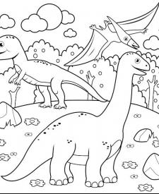 Imagen de un diplodocus, T-Rex y pteranodon para colorear