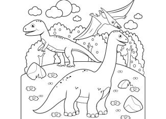 Imagen de un diplodocus, T-Rex y pteranodon para colorear