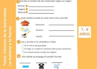 La materia y la fuerza. Ficha de Ciencias Naturales para 2º de Primaria