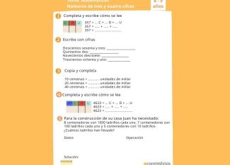 Números de 3 y 4 cifras. Ficha de matemáticas para 3º de Primaria