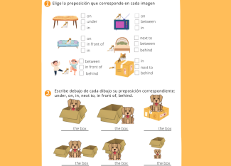 Preposiciones en inglés. Ficha escolar para niños