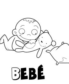 Bebé jugando con su osito de peluche. Dibujo para niños