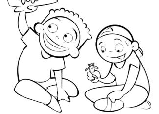 Dibujo para imprimir y colorear de niños jugando con avión